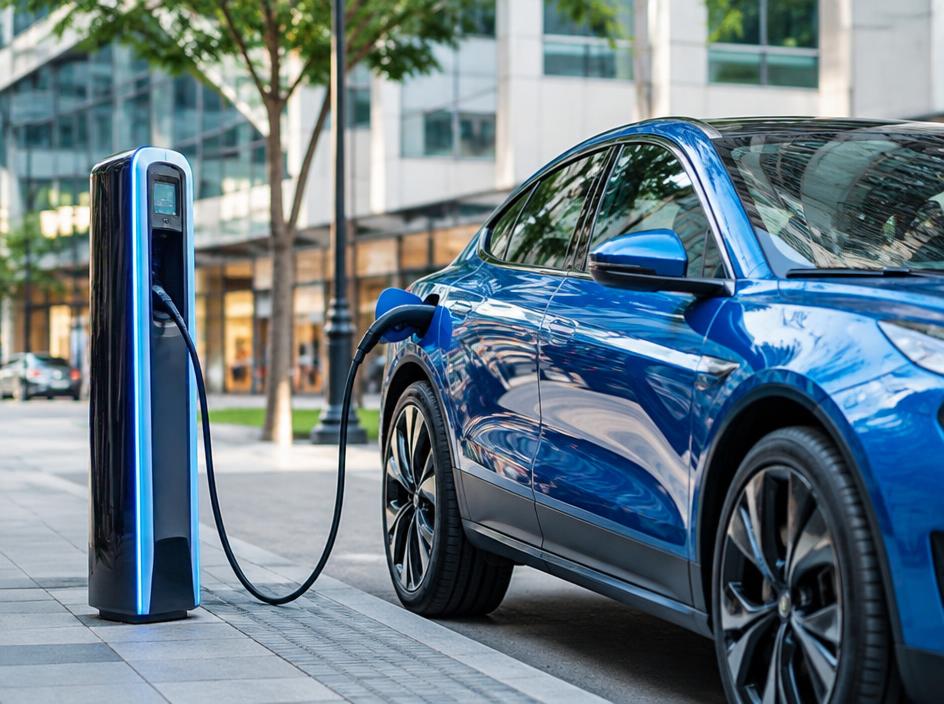 Auto eléctrico cargando en la ciudad