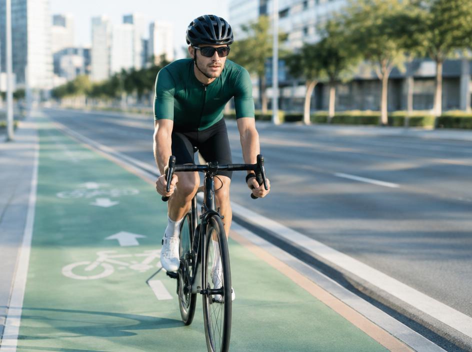 Ciclista en una ciclorruta con su bicicleta asegurada