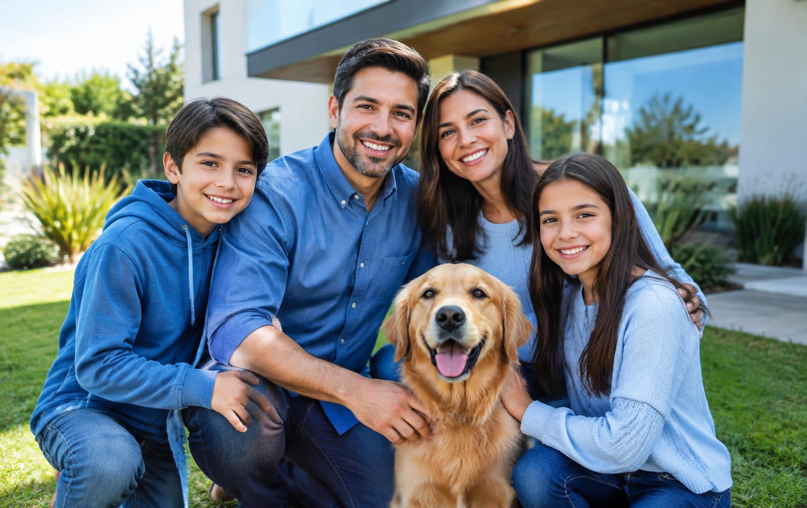 Familia feliz con su perro frente a su casa, protegida por Cuidoo